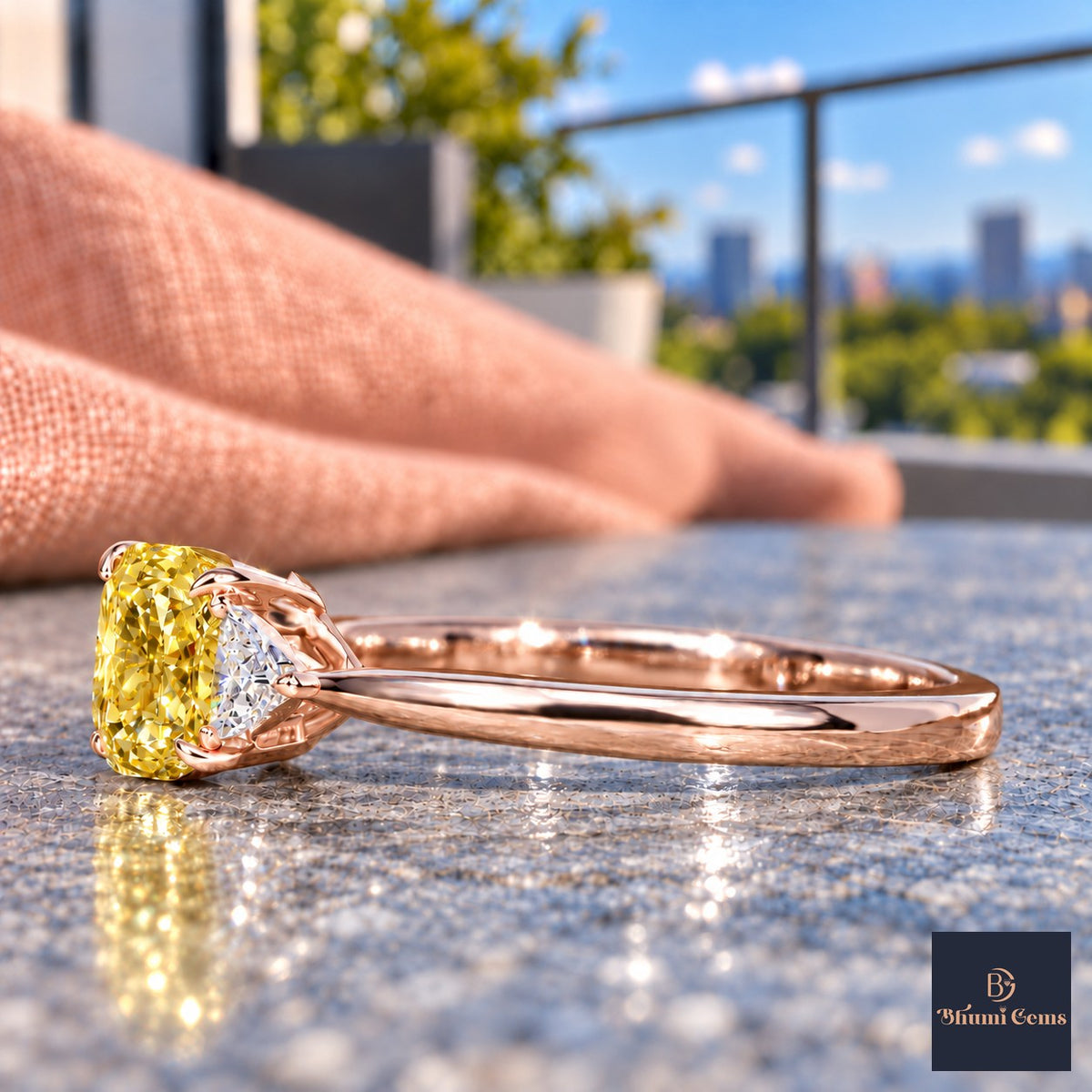 Yellow Elongated Cushion Cut Lab Grown Diamond Engagement Ring - Trillion Three Stone in rose gold, side view