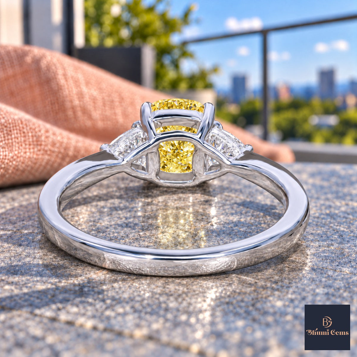 Yellow Elongated Cushion Cut Lab Grown Diamond Engagement Ring - Trillion Three Stone in white gold, gallery view