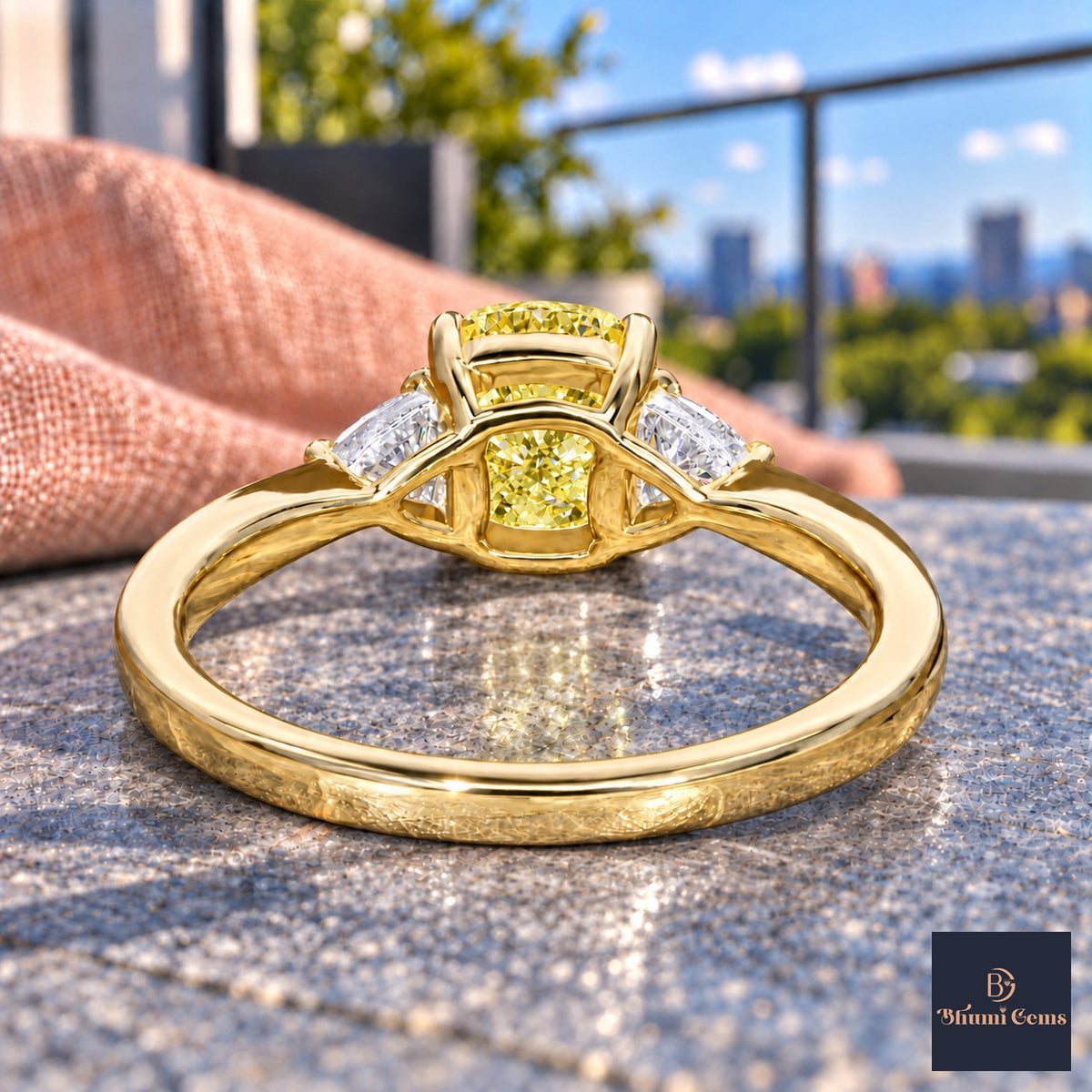 Yellow Elongated Cushion Cut Lab Grown Diamond Engagement Ring - Trillion Three Stone in yellow gold, gallery view