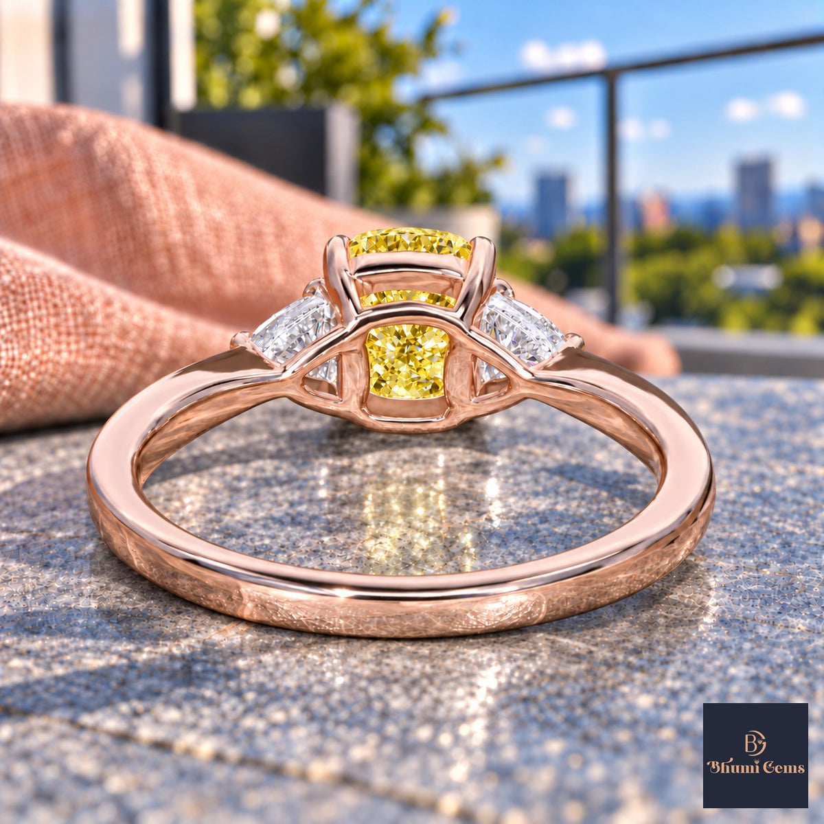 Yellow Elongated Cushion Cut Lab Grown Diamond Engagement Ring - Trillion Three Stone in rose gold, gallery view