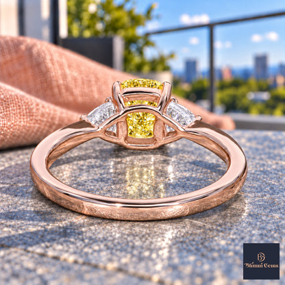 Yellow Elongated Cushion Cut Lab Grown Diamond Engagement Ring - Trillion Three Stone in rose gold, gallery view