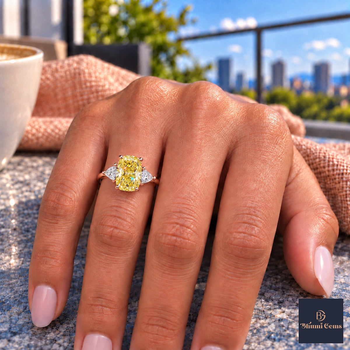 Yellow Elongated Cushion Cut Lab Grown Diamond Engagement Ring - Trillion Three Stone in rose gold, on the hand