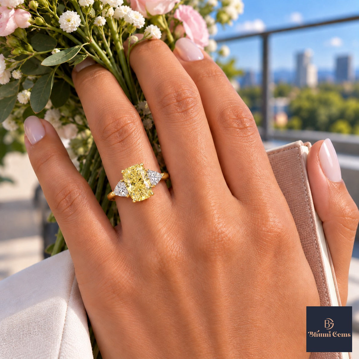 Yellow Elongated Cushion Cut Lab Grown Diamond Engagement Ring - Trillion Three Stone in yellow gold, worn on the hand