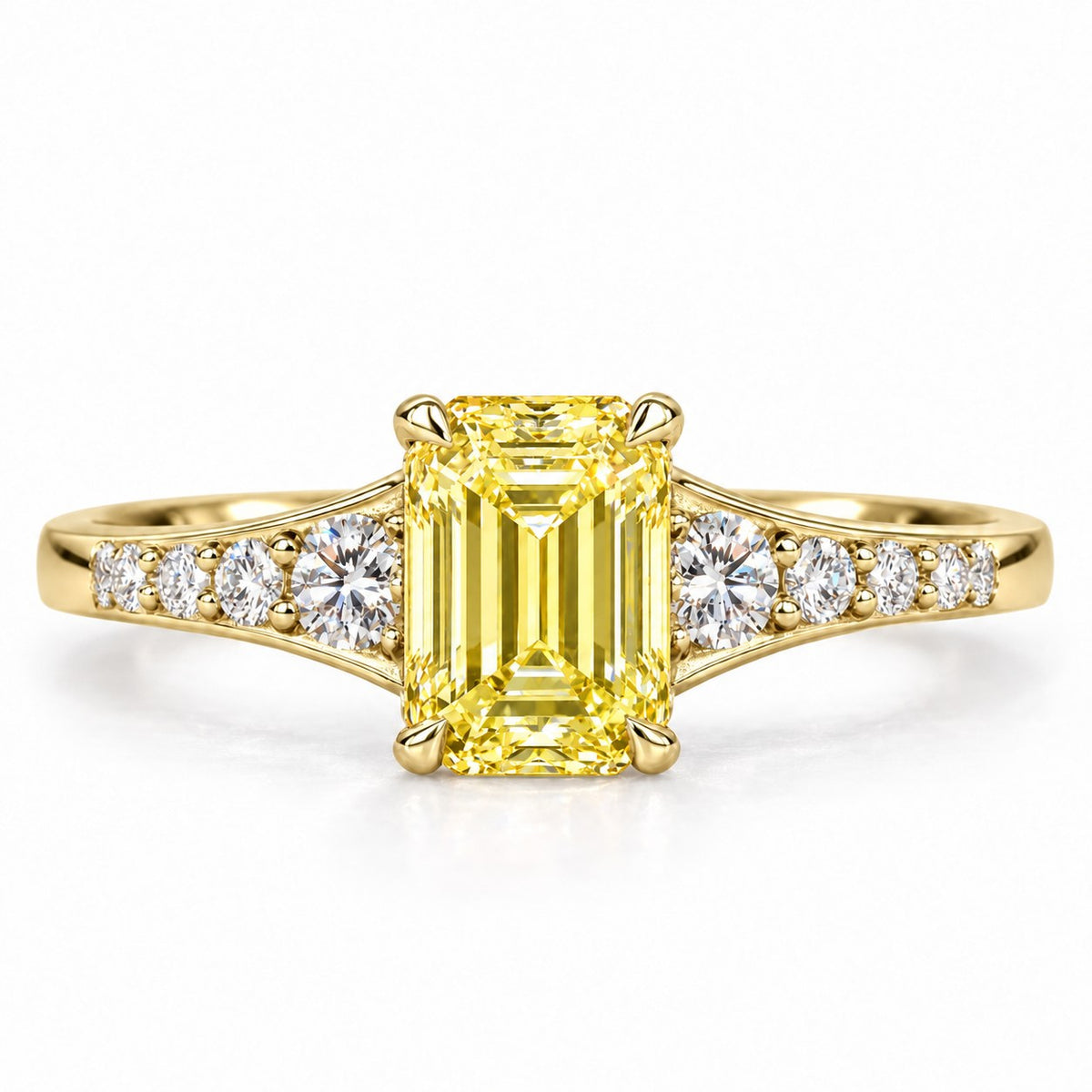 Yellow Emerald Cut Lab Grown Diamond Engagement Ring - Graduated Pave Shoulders in yellow gold, front view