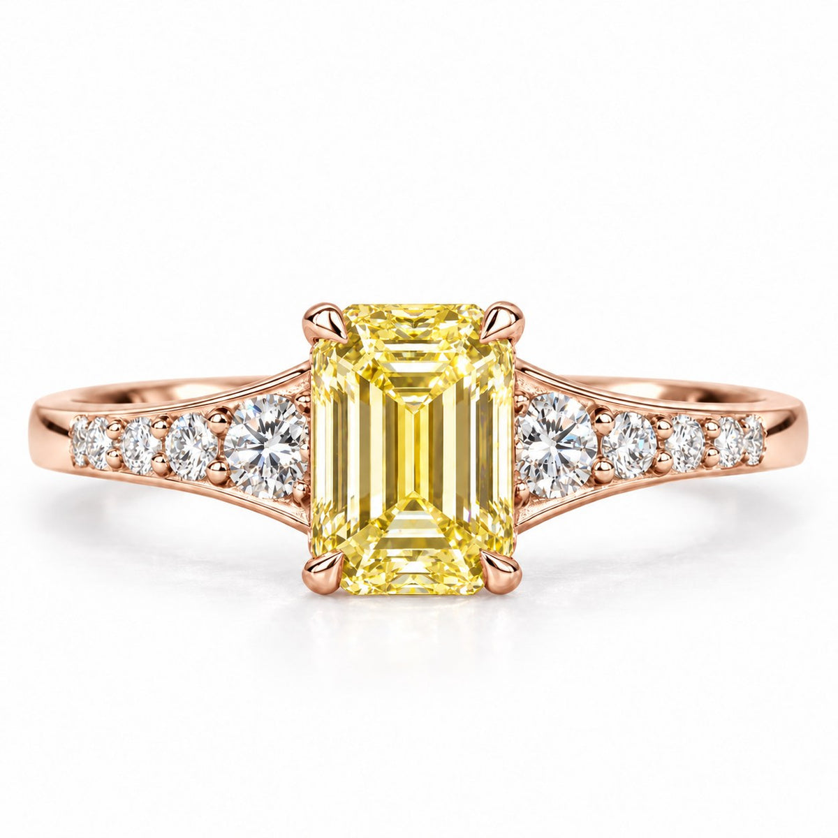 Yellow Emerald Cut Lab Grown Diamond Engagement Ring - Graduated Pave Shoulders in rose gold, front view