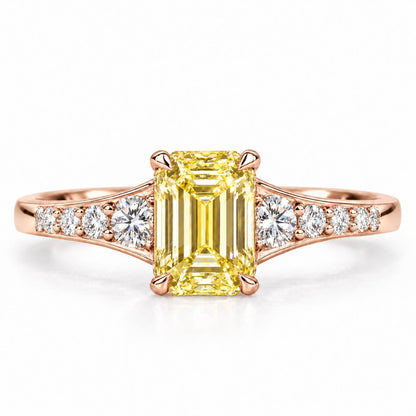 Yellow Emerald Cut Lab Grown Diamond Engagement Ring - Graduated Pave Shoulders in rose gold, front view