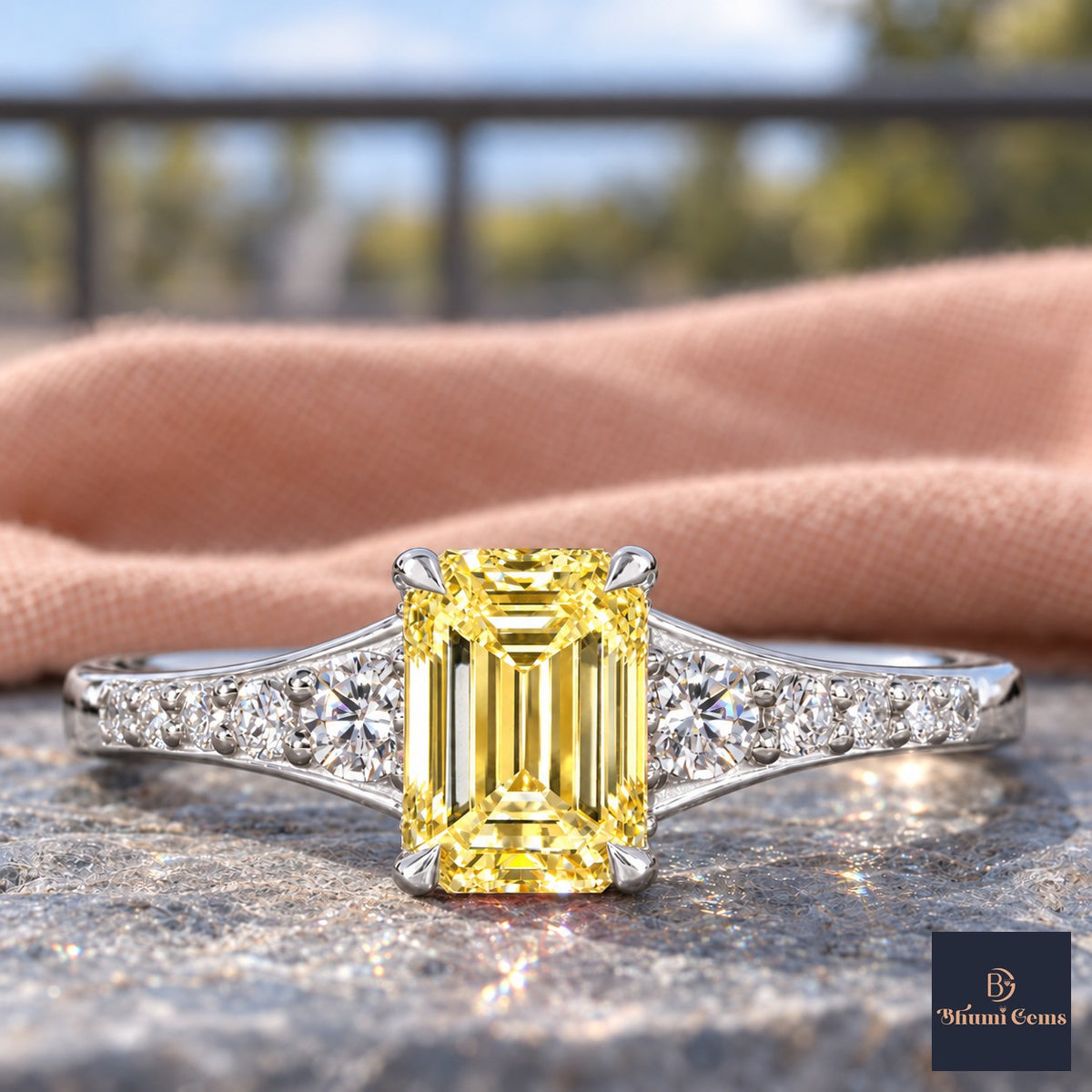 Yellow Emerald Cut Lab Grown Diamond Engagement Ring - Graduated Pave Shoulders in white gold, close-up