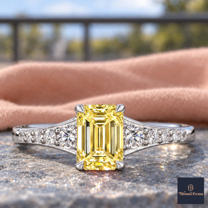 Yellow Emerald Cut Lab Grown Diamond Engagement Ring - Graduated Pave Shoulders in white gold, close-up