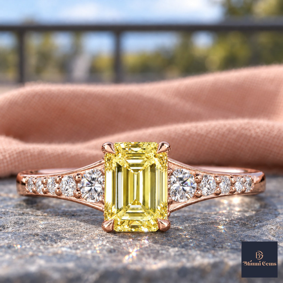Yellow Emerald Cut Lab Grown Diamond Engagement Ring - Graduated Pave Shoulders in rose gold, close-up