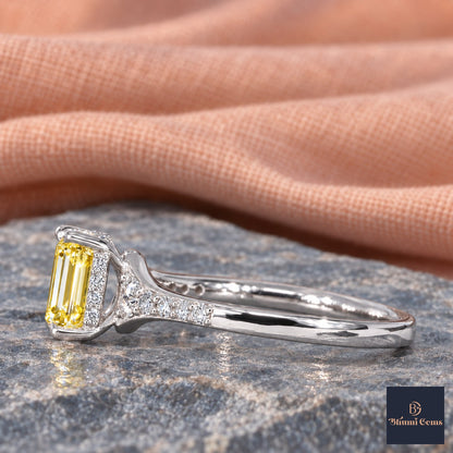 Yellow Emerald Cut Lab Grown Diamond Engagement Ring - Graduated Pave Shoulders in white gold, side view