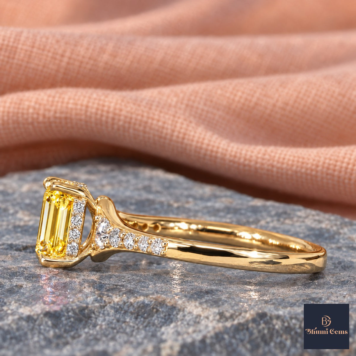 Yellow Emerald Cut Lab Grown Diamond Engagement Ring - Graduated Pave Shoulders in yellow gold, side view