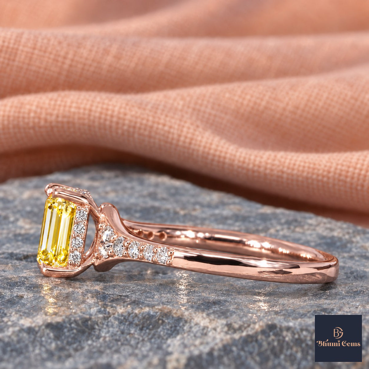 Yellow Emerald Cut Lab Grown Diamond Engagement Ring - Graduated Pave Shoulders in rose gold, side view