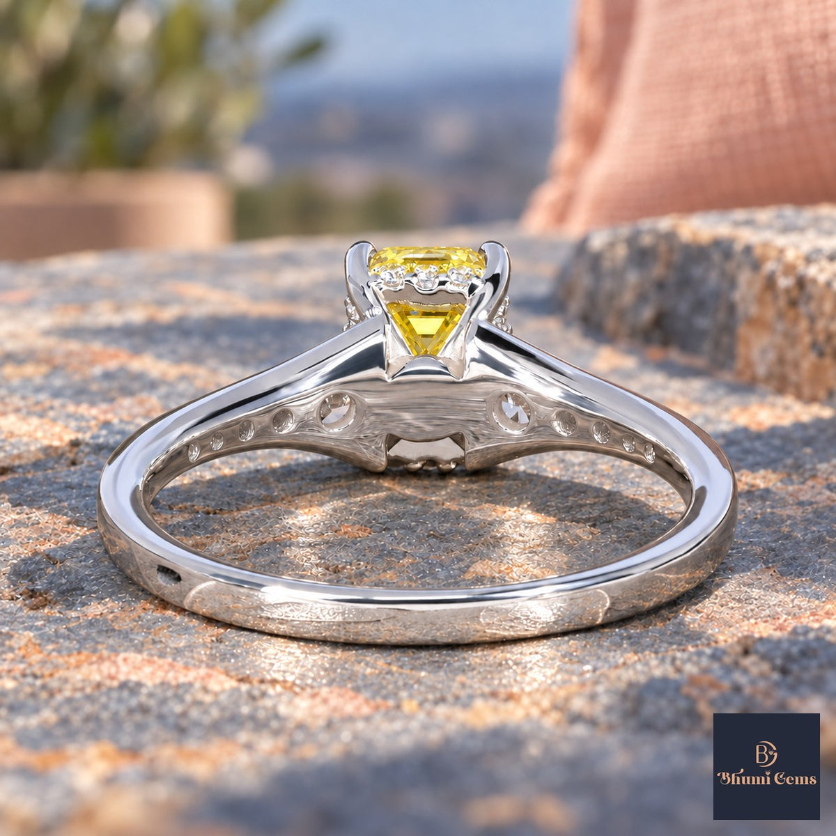 Yellow Emerald Cut Lab Grown Diamond Engagement Ring - Graduated Pave Shoulders in white gold, gallery view