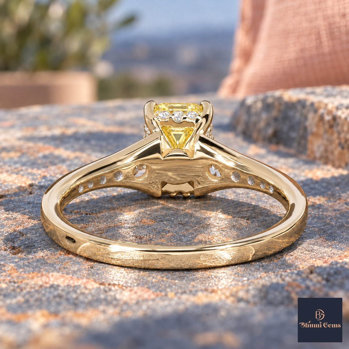 Yellow Emerald Cut Lab Grown Diamond Engagement Ring - Graduated Pave Shoulders in yellow gold, gallery view