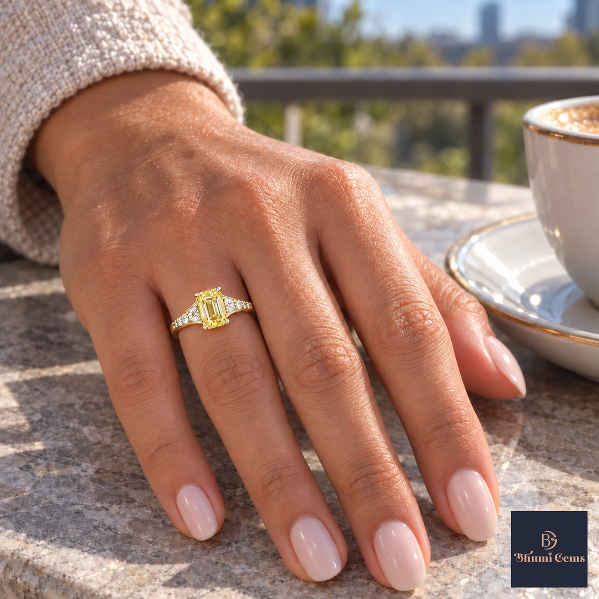 Yellow Emerald Cut Lab Grown Diamond Engagement Ring - Graduated Pave Shoulders in yellow gold, on the hand