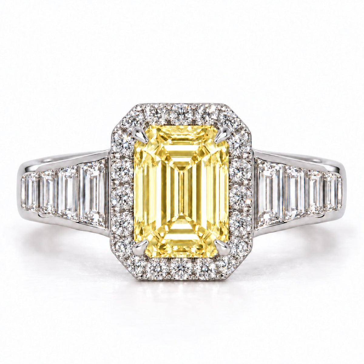 Yellow Emerald Cut Lab Grown Diamond Engagement Ring - Halo and Baguette Shoulders in white gold, front view