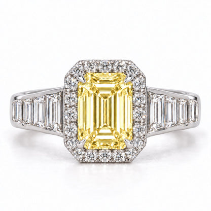 Yellow Emerald Cut Lab Grown Diamond Engagement Ring - Halo and Baguette Shoulders in white gold, front view