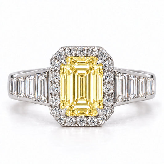 Yellow Emerald Cut Lab Grown Diamond Engagement Ring - Halo and Baguette Shoulders in white gold, front view