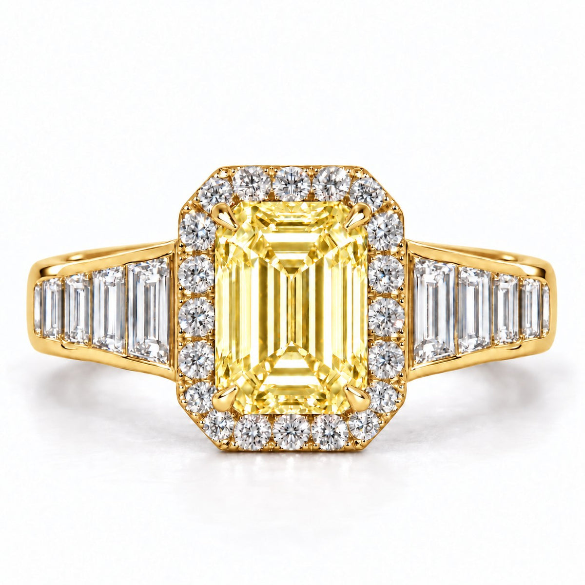 Yellow Emerald Cut Lab Grown Diamond Engagement Ring - Halo and Baguette Shoulders in yellow gold, front view