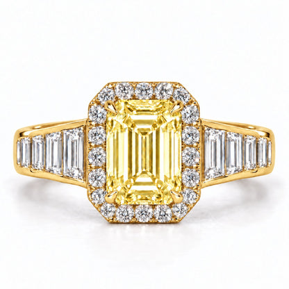 Yellow Emerald Cut Lab Grown Diamond Engagement Ring - Halo and Baguette Shoulders in yellow gold, front view
