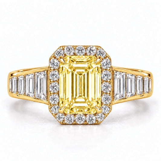 Yellow Emerald Cut Lab Grown Diamond Engagement Ring - Halo and Baguette Shoulders in yellow gold, front view