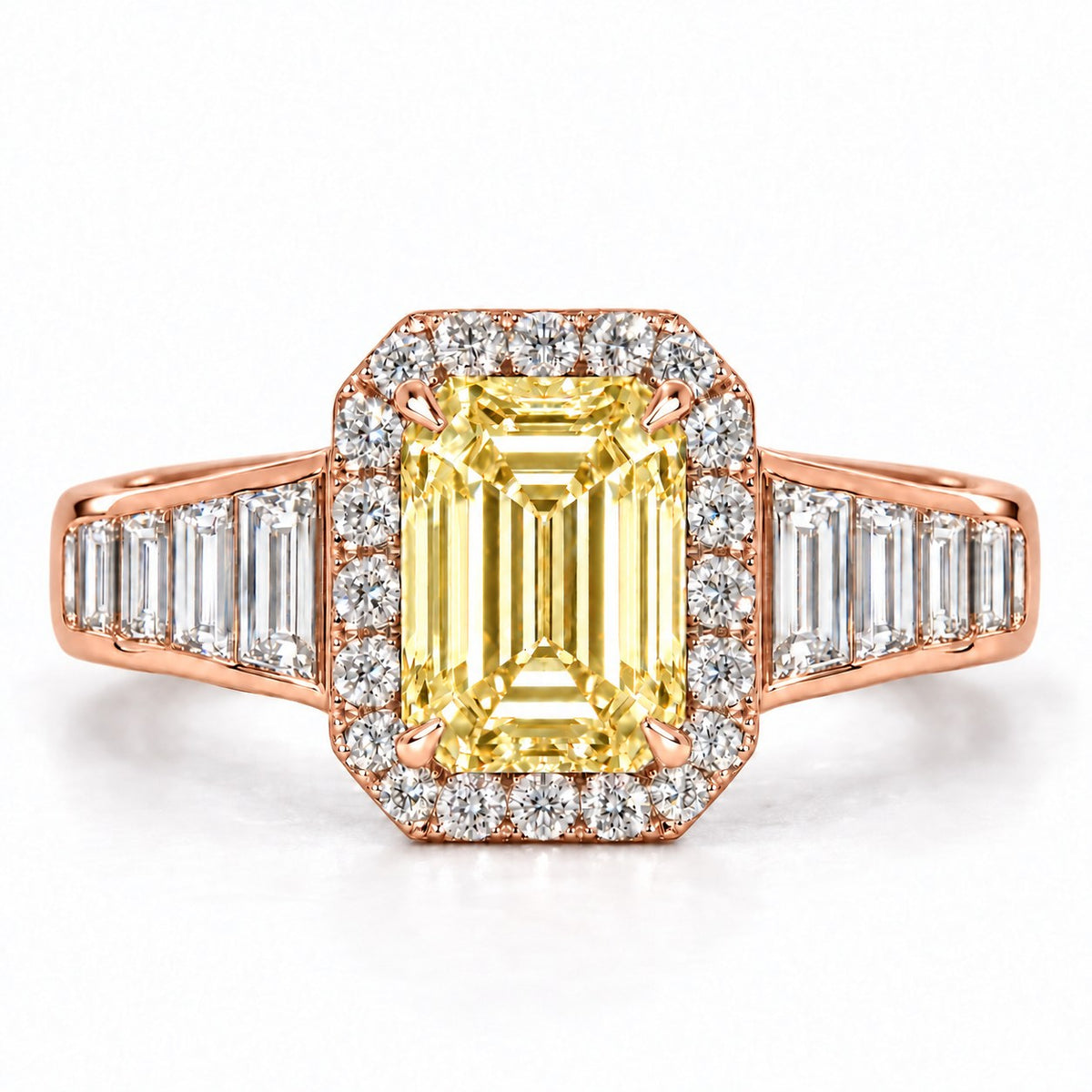 Yellow Emerald Cut Lab Grown Diamond Engagement Ring - Halo and Baguette Shoulders in rose gold, front view