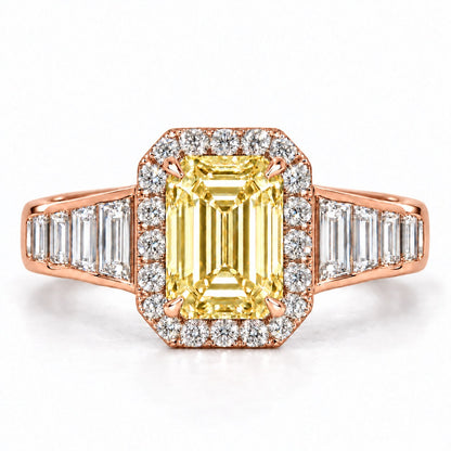 Yellow Emerald Cut Lab Grown Diamond Engagement Ring - Halo and Baguette Shoulders in rose gold, front view