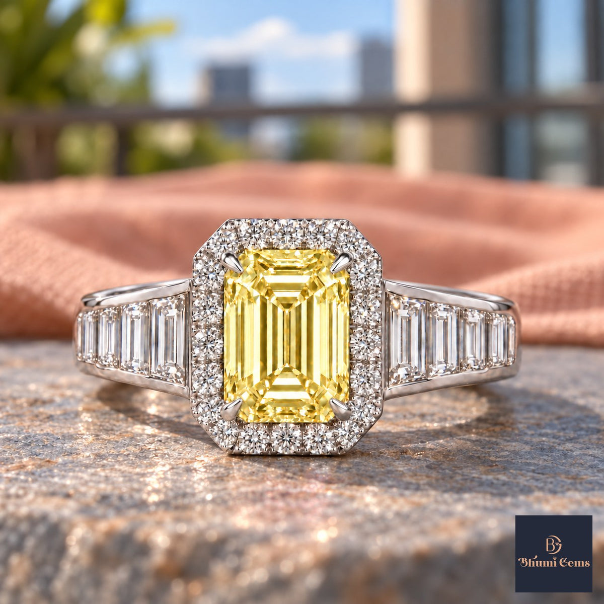 Yellow Emerald Cut Lab Grown Diamond Engagement Ring - Halo and Baguette Shoulders in white gold, close-up