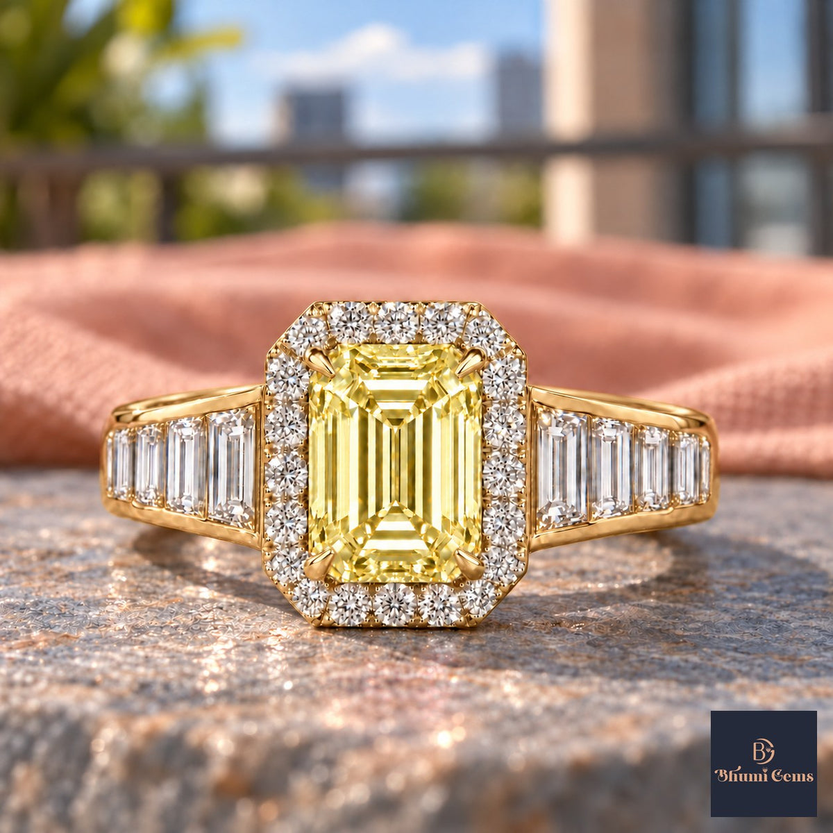 Yellow Emerald Cut Lab Grown Diamond Engagement Ring - Halo and Baguette Shoulders in yellow gold, close-up