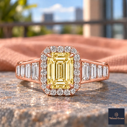 Yellow Emerald Cut Lab Grown Diamond Engagement Ring - Halo and Baguette Shoulders in rose gold, close-up