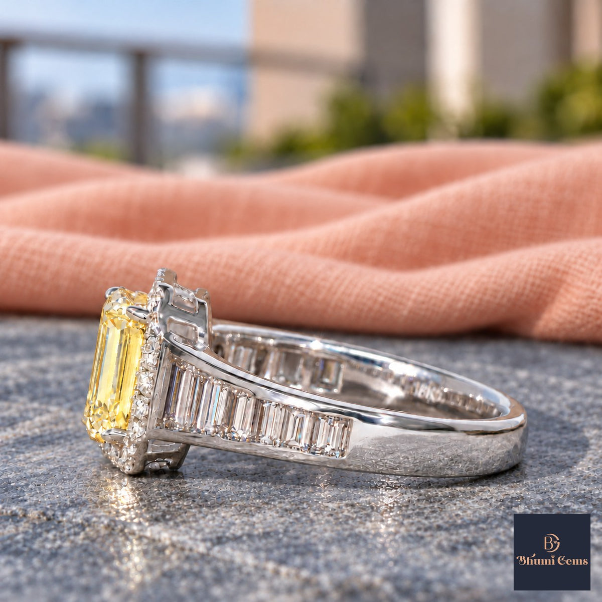 Yellow Emerald Cut Lab Grown Diamond Engagement Ring - Halo and Baguette Shoulders in white gold, side view