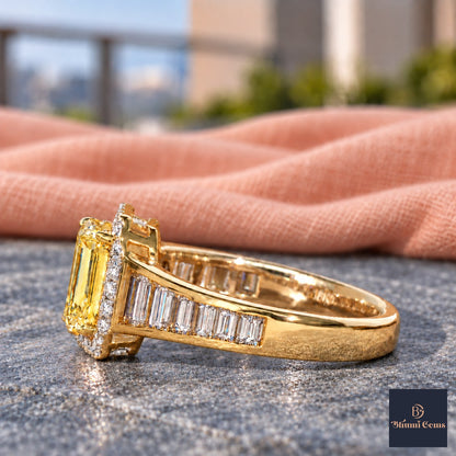 Yellow Emerald Cut Lab Grown Diamond Engagement Ring - Halo and Baguette Shoulders in yellow gold, side view