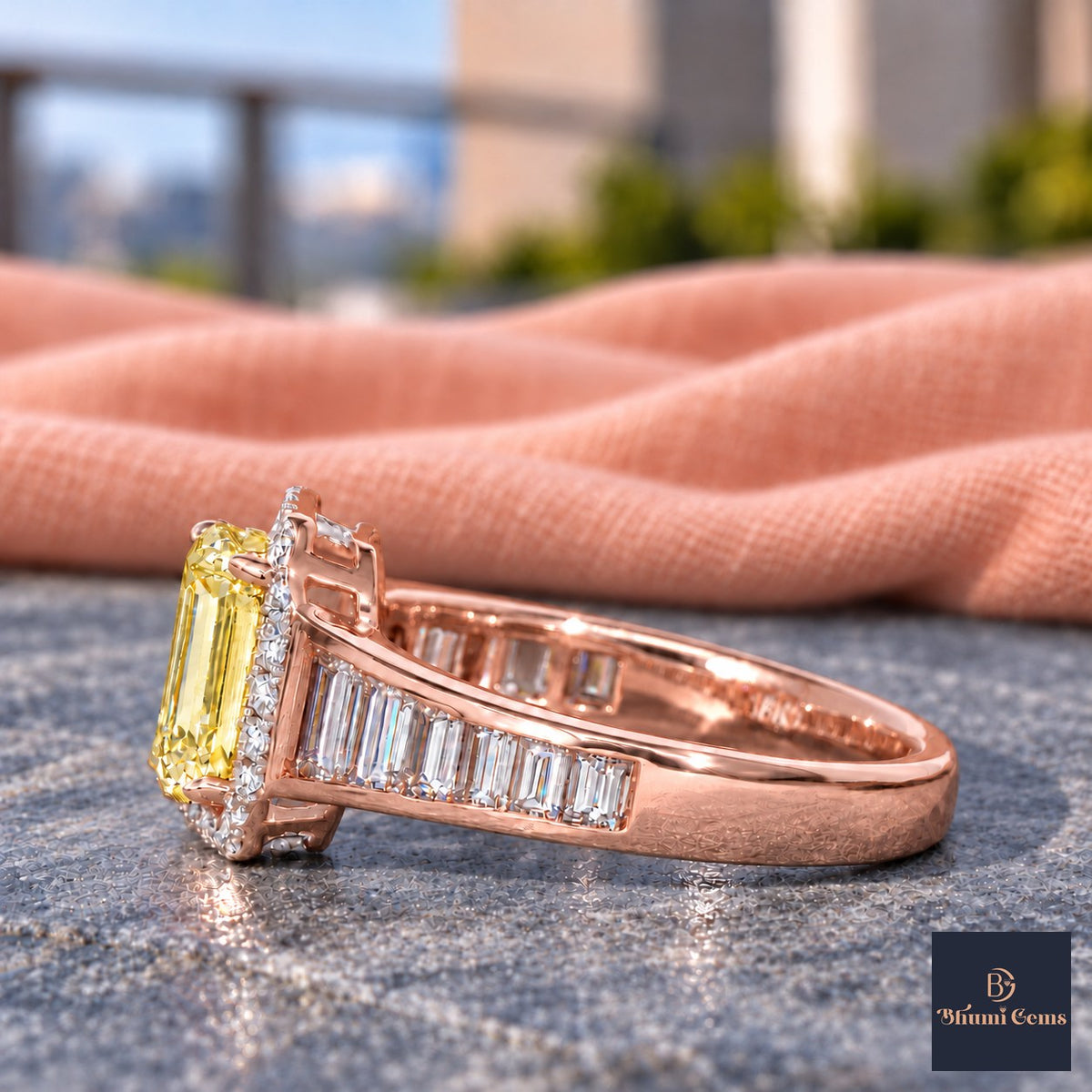 Yellow Emerald Cut Lab Grown Diamond Engagement Ring - Halo and Baguette Shoulders in rose gold, side view