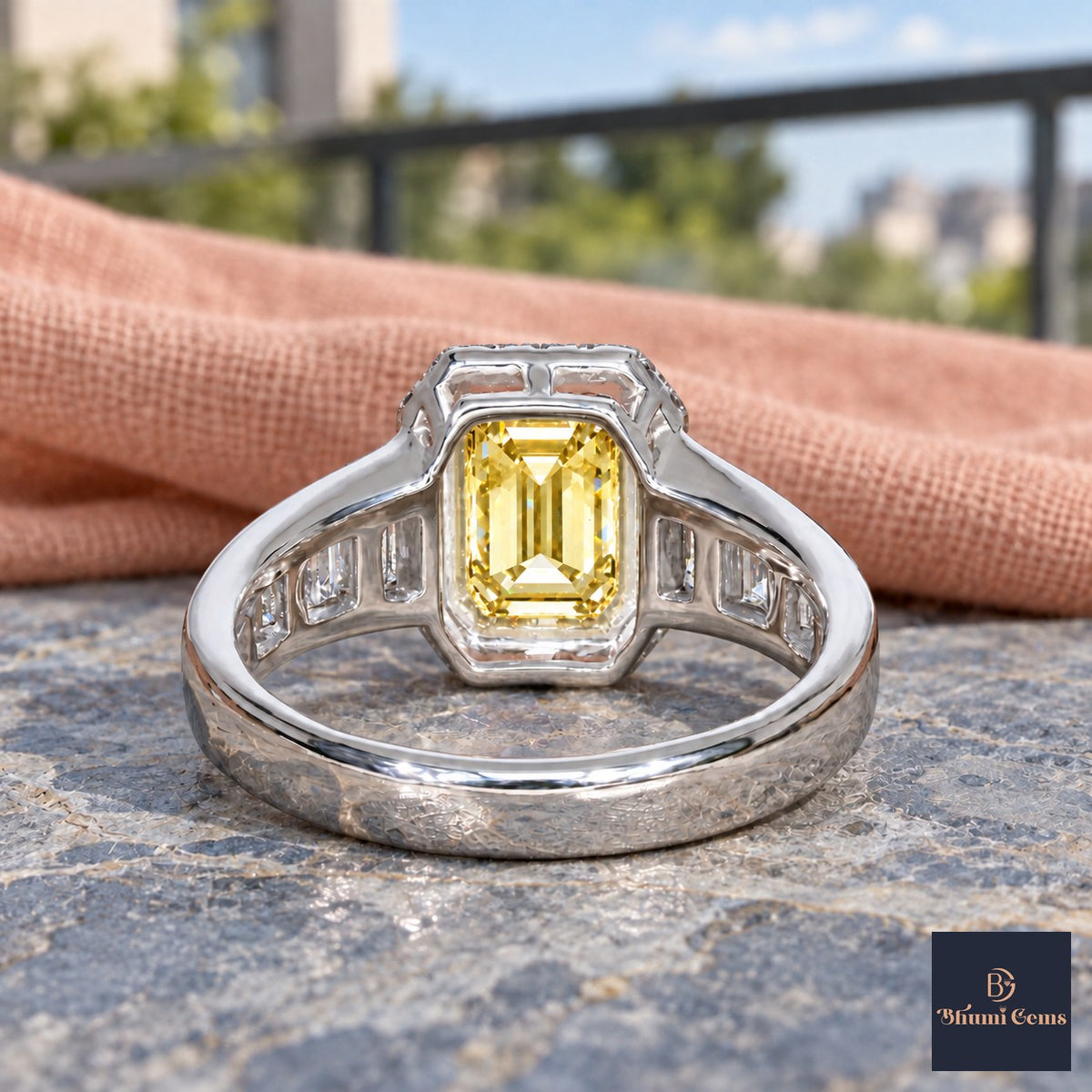 Yellow Emerald Cut Lab Grown Diamond Engagement Ring - Halo and Baguette Shoulders in white gold, gallery view
