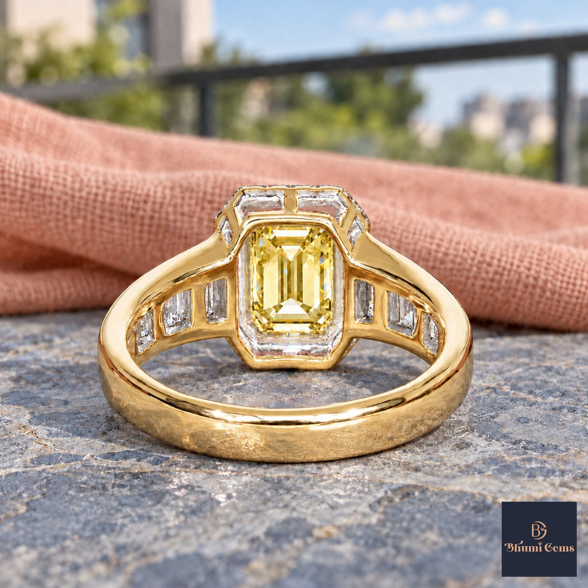 Yellow Emerald Cut Lab Grown Diamond Engagement Ring - Halo and Baguette Shoulders in yellow gold, gallery view