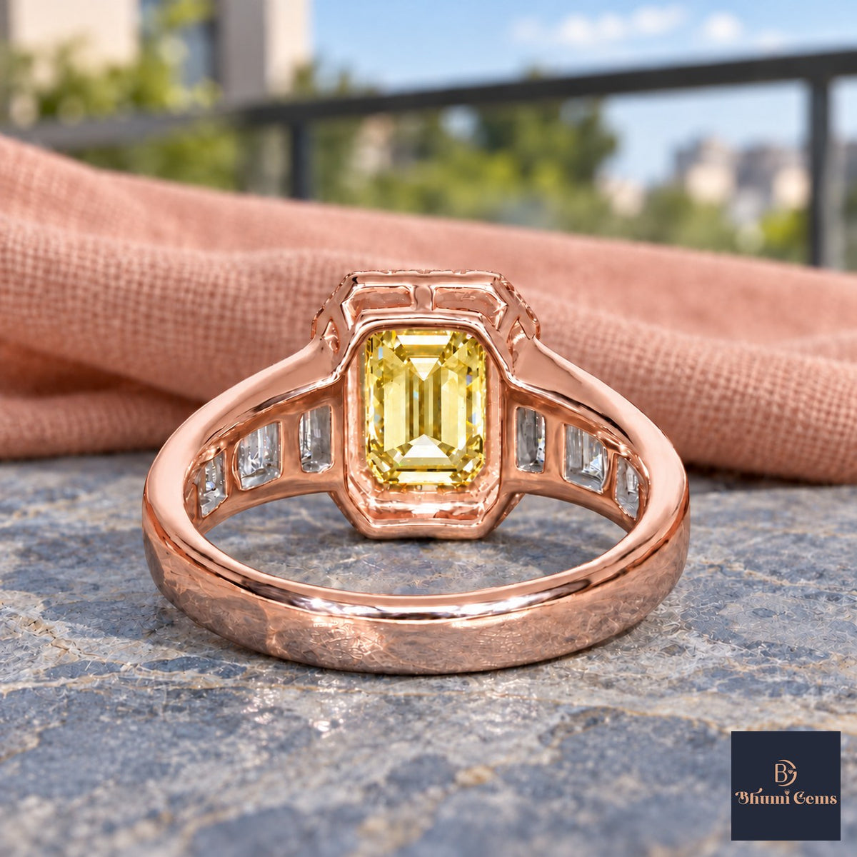Yellow Emerald Cut Lab Grown Diamond Engagement Ring - Halo and Baguette Shoulders in rose gold, gallery view