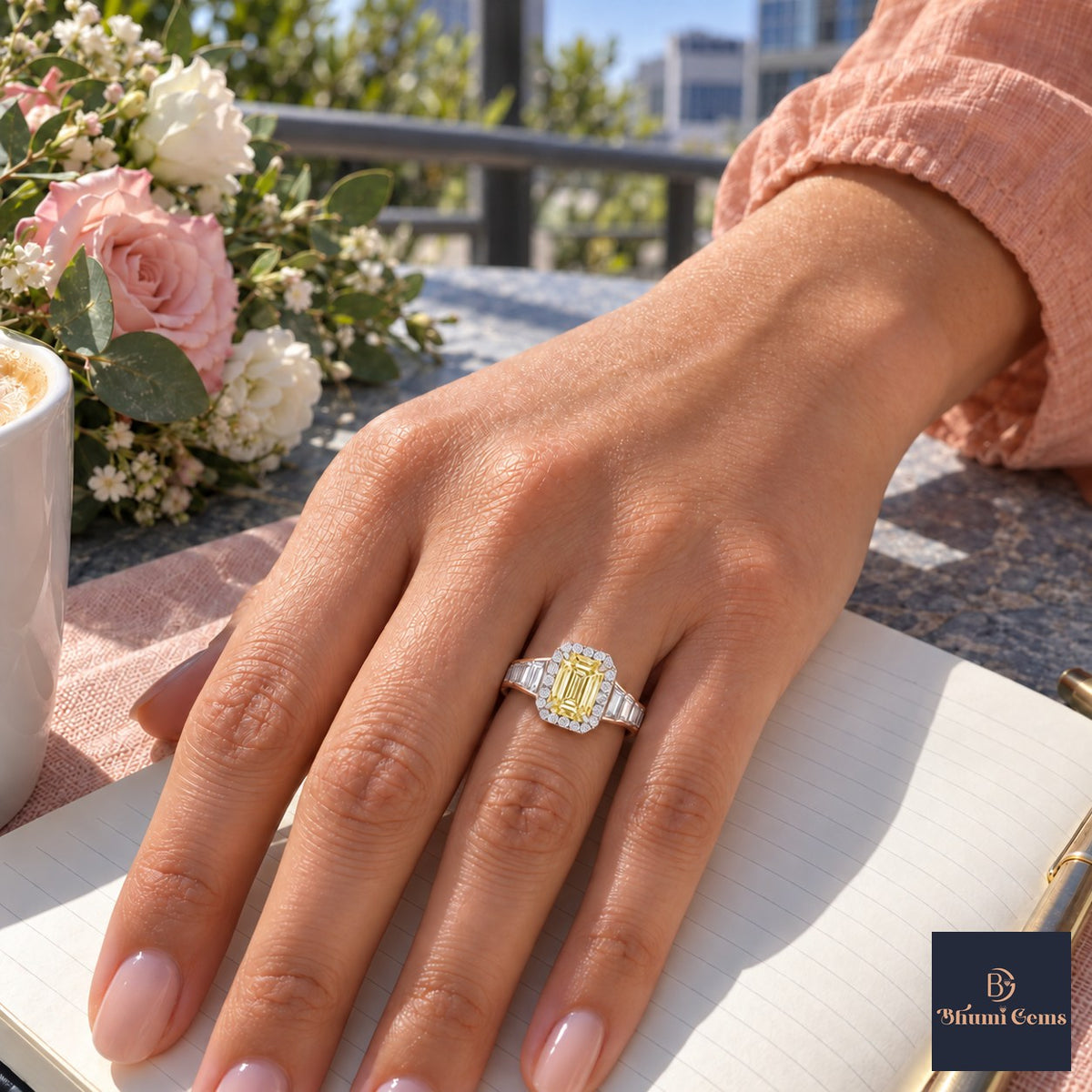 Yellow Emerald Cut Lab Grown Diamond Engagement Ring - Halo and Baguette Shoulders in rose gold, worn on the hand