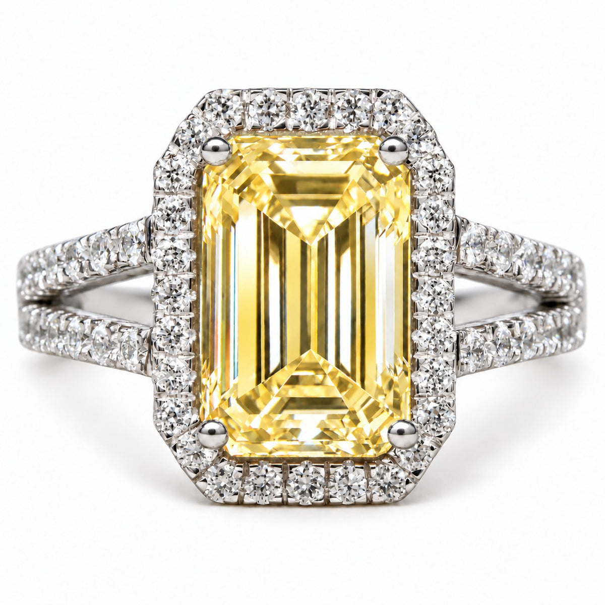 Yellow Emerald Cut Lab Grown Diamond Engagement Ring - Halo Split Shank in white gold, front view