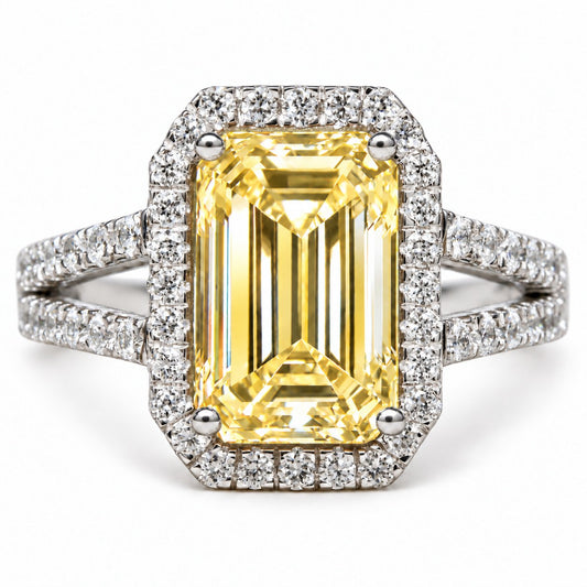 Yellow Emerald Cut Lab Grown Diamond Engagement Ring - Halo Split Shank in white gold, front view