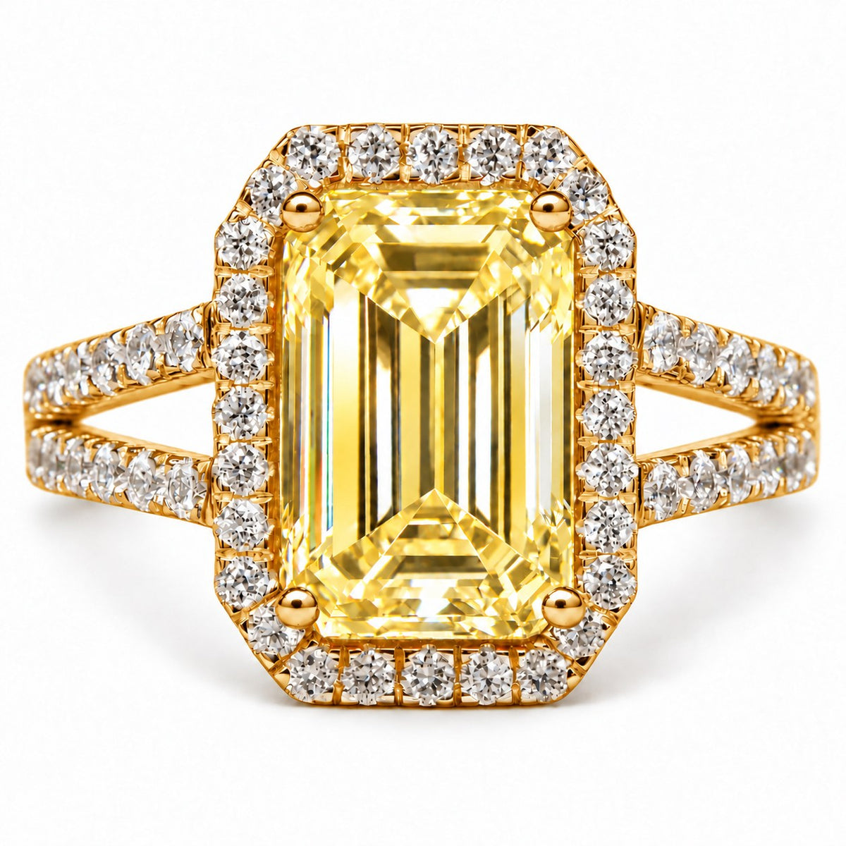 Yellow Emerald Cut Lab Grown Diamond Engagement Ring - Halo Split Shank in yellow gold, front view