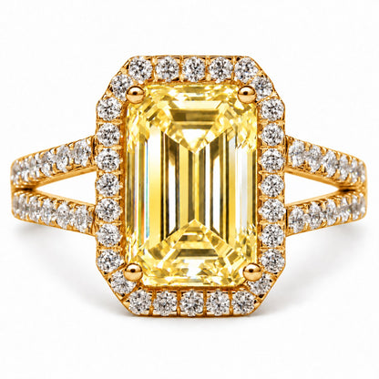 Yellow Emerald Cut Lab Grown Diamond Engagement Ring - Halo Split Shank in yellow gold, front view