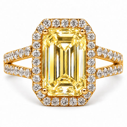 Yellow Emerald Cut Lab Grown Diamond Engagement Ring - Halo Split Shank in yellow gold, front view