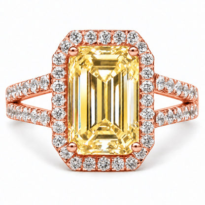 Yellow Emerald Cut Lab Grown Diamond Engagement Ring - Halo Split Shank in rose gold, front view