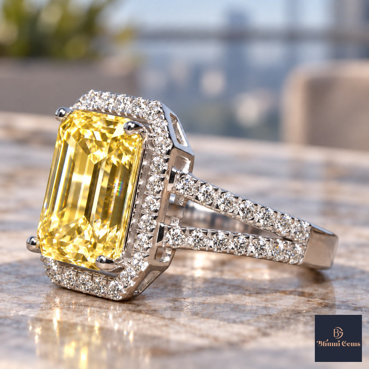 Yellow Emerald Cut Lab Grown Diamond Engagement Ring - Halo Split Shank in white gold, close-up