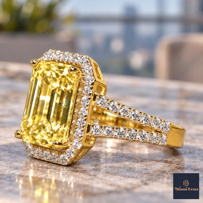 Yellow Emerald Cut Lab Grown Diamond Engagement Ring - Halo Split Shank in yellow gold, close-up