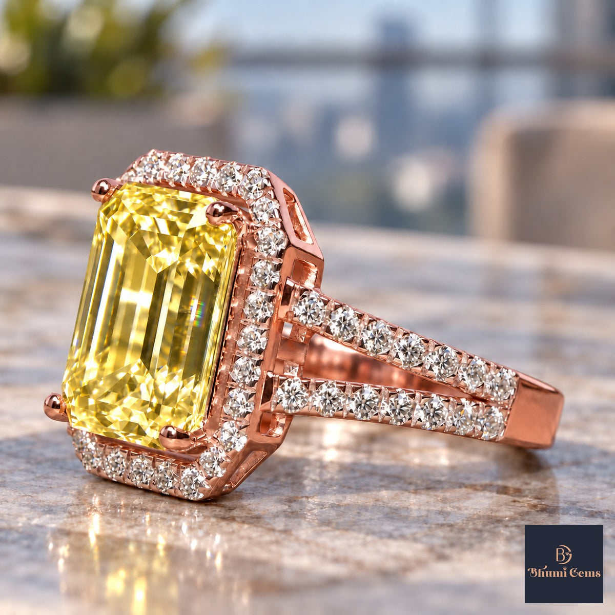 Yellow Emerald Cut Lab Grown Diamond Engagement Ring - Halo Split Shank in rose gold, close-up