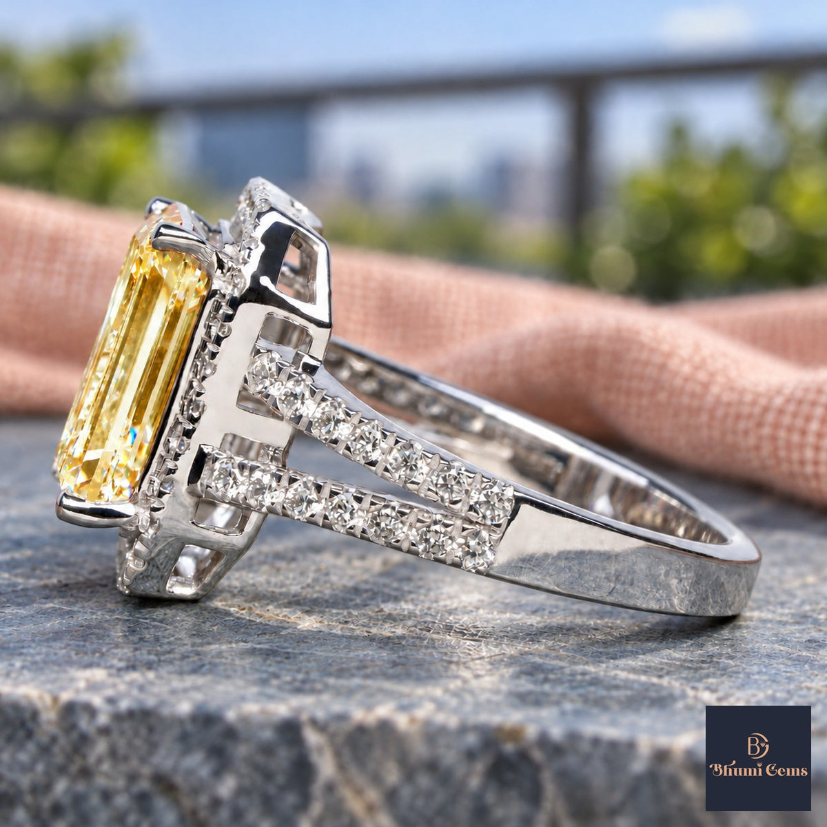 Yellow Emerald Cut Lab Grown Diamond Engagement Ring - Halo Split Shank in white gold, side view