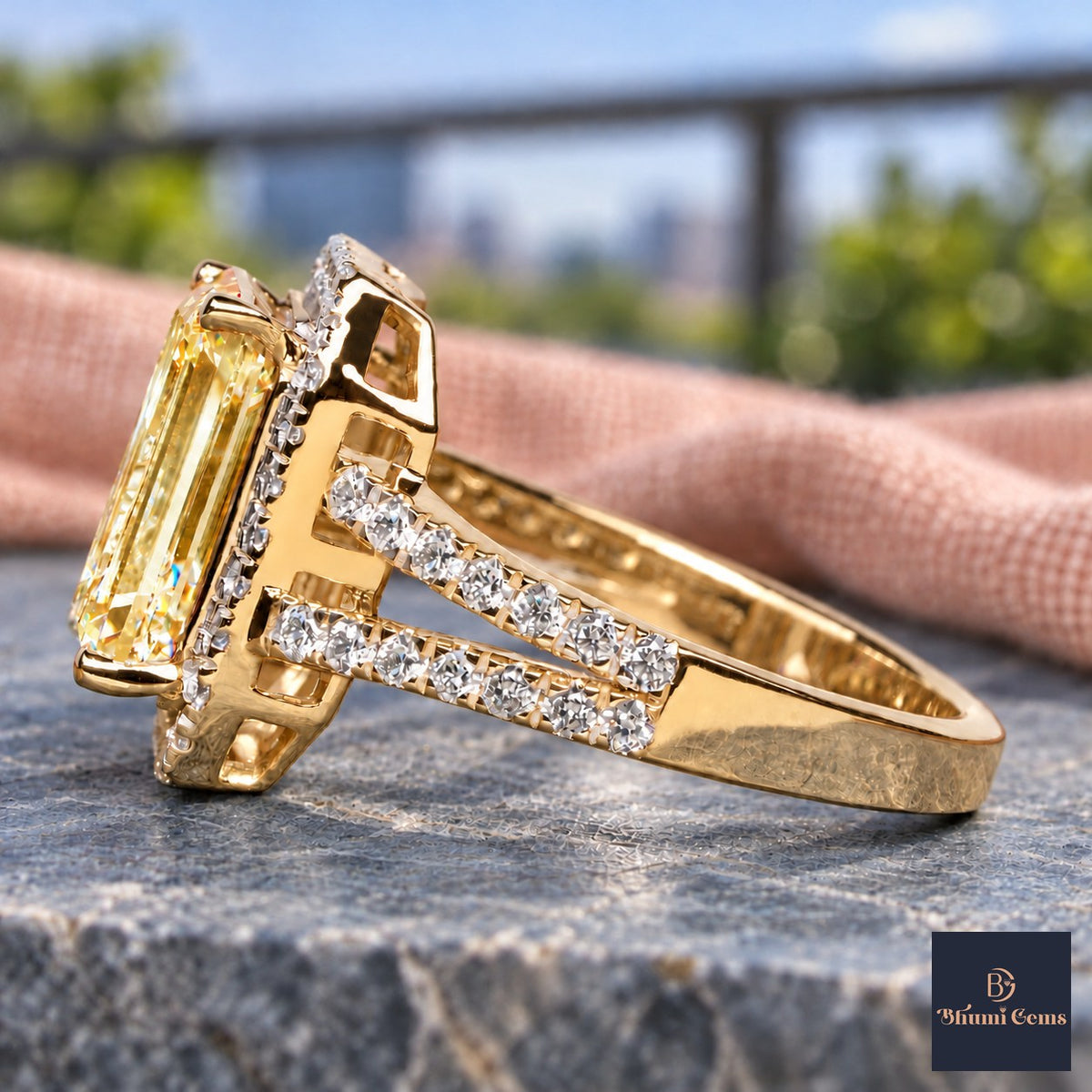 Yellow Emerald Cut Lab Grown Diamond Engagement Ring - Halo Split Shank in yellow gold, side view