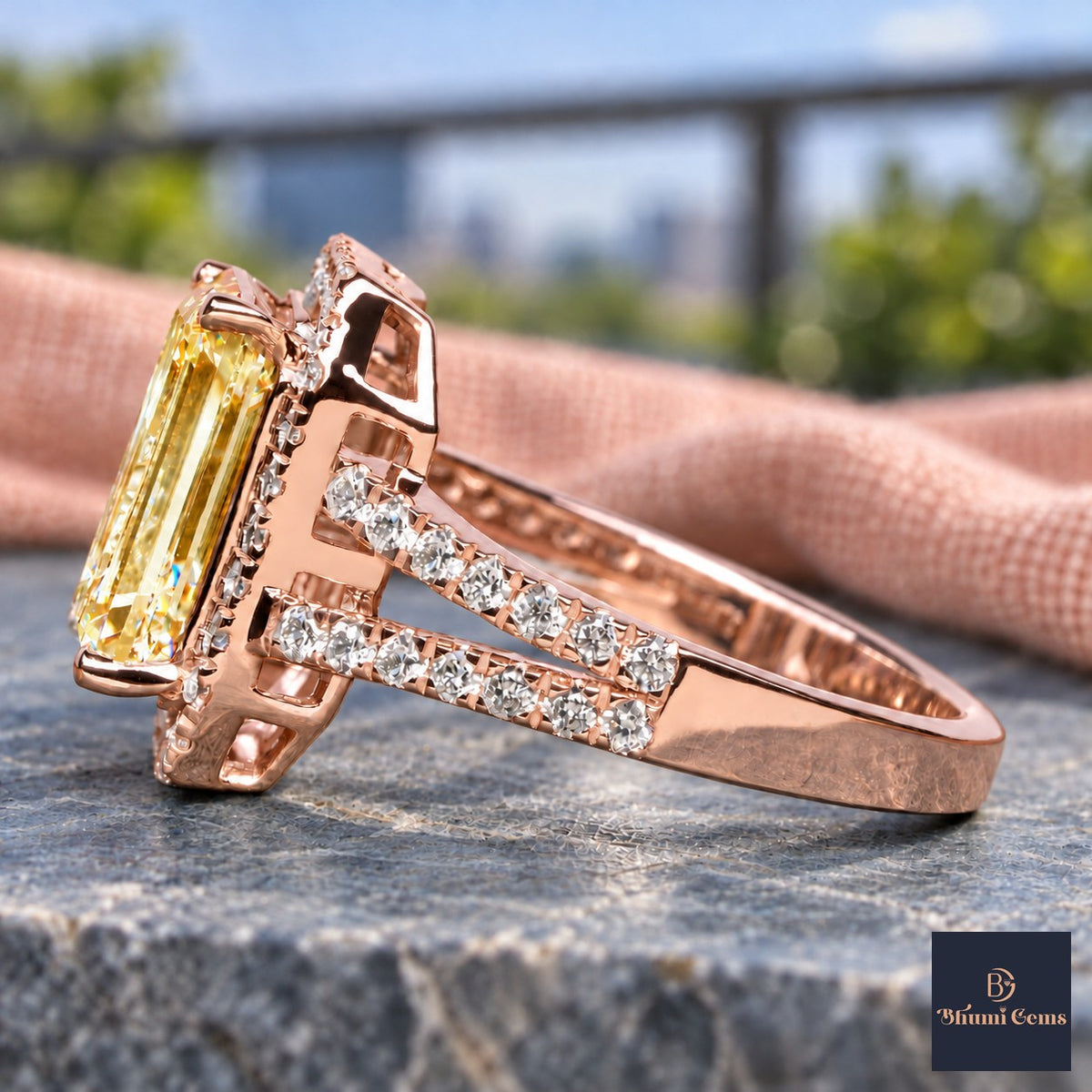 Yellow Emerald Cut Lab Grown Diamond Engagement Ring - Halo Split Shank in rose gold, side view