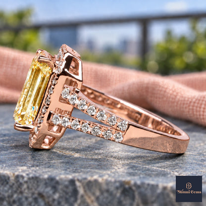 Yellow Emerald Cut Lab Grown Diamond Engagement Ring - Halo Split Shank in rose gold, side view